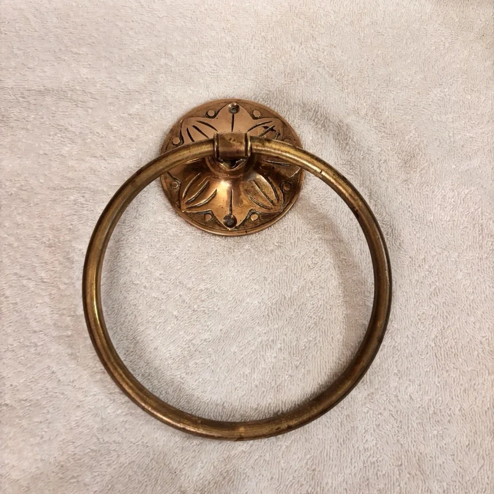 Vintage Brass Towel Rings Set of 2 Floral Backplate Bathroom Wall Hardware